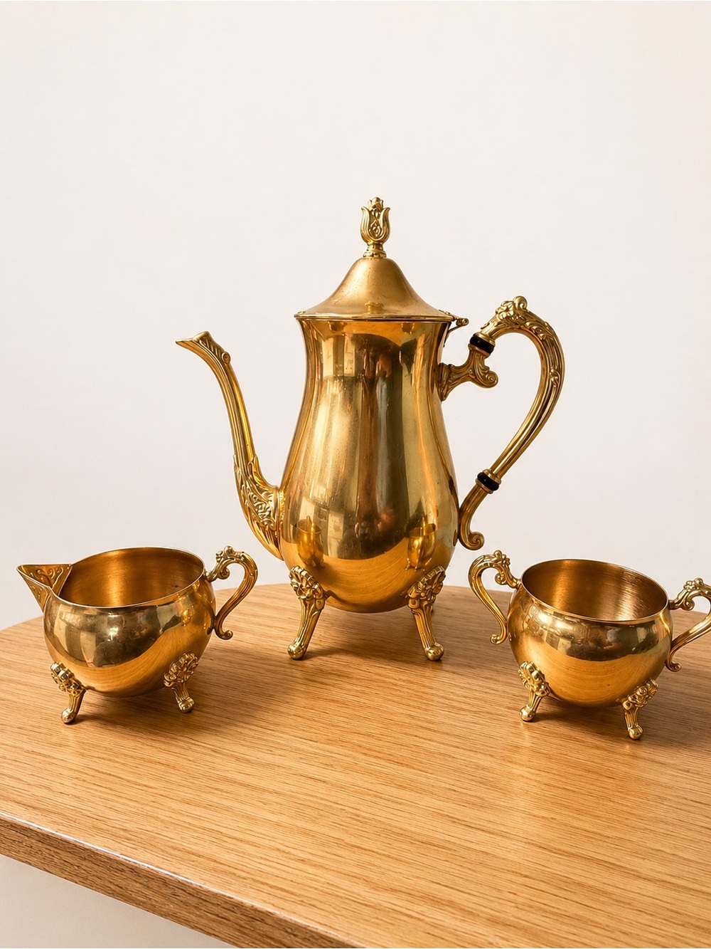 Antique Victorian Gold Tone Tea/Coffee Pot w/ Lid, Creamer & Sugar 3pc